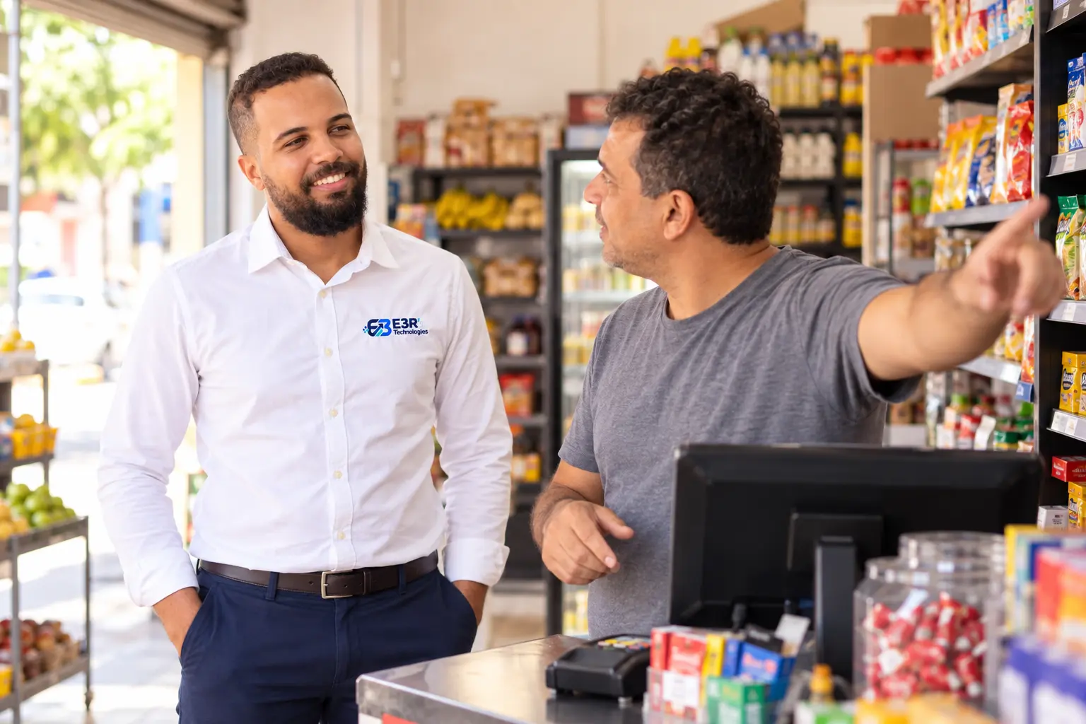 Consultor da E3R's ouvindo um comerciante dentro do estabelecimento